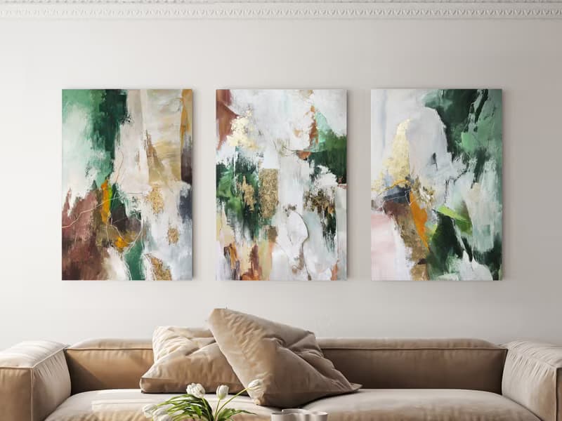 Green and Gray Painting | Triptych Wall Art Abstract | Green Glory Set of 3