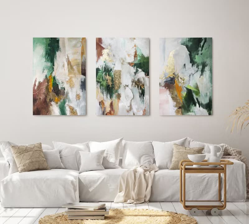 Green and Gray Painting | Triptych Wall Art Abstract | Green Glory Set of 3