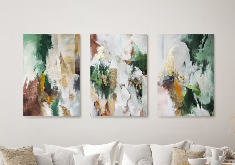 Green and Gray Painting | Triptych Wall Art Abstract | Green Glory Set of 3
