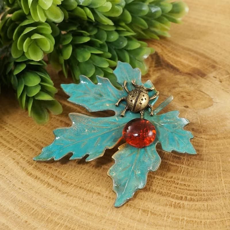 Green Maple Leaf Brooch Ladybird Ladybug Nature Forest Botanical Pin Jewelry