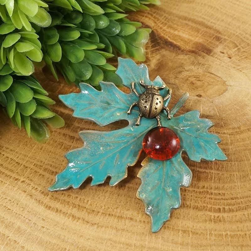 Green Maple Leaf Brooch Ladybird Ladybug Nature Forest Botanical Pin Jewelry