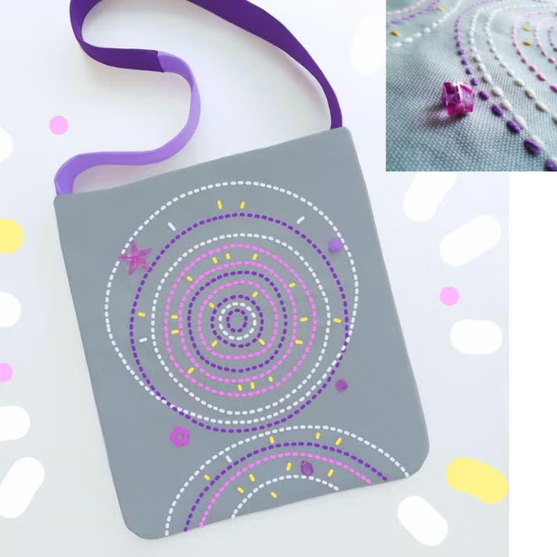 12.5x13.5 inch tote. Fun and original with hand-stitched design with beads