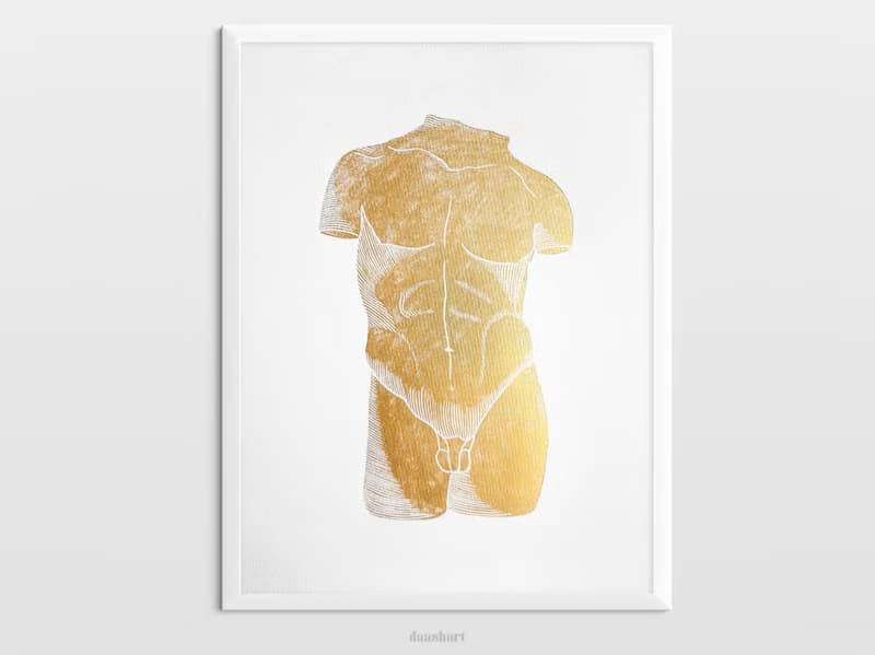 Gold male nude art Linocut print Bust original artwork Housewarming gift