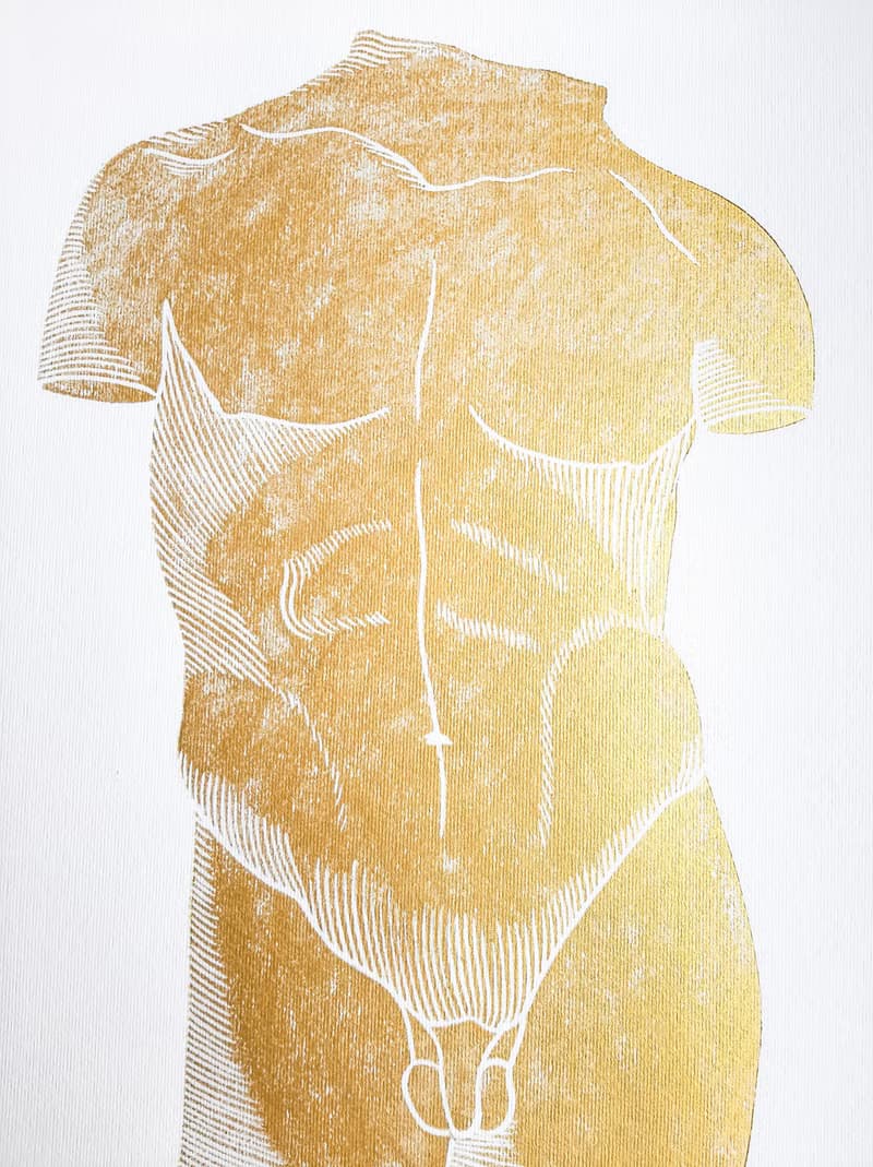 Gold male nude art Linocut print Bust original artwork Housewarming gift