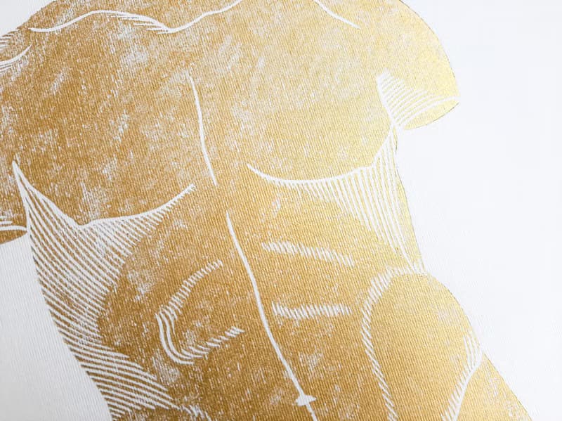 Gold male nude art Linocut print Bust original artwork Housewarming gift