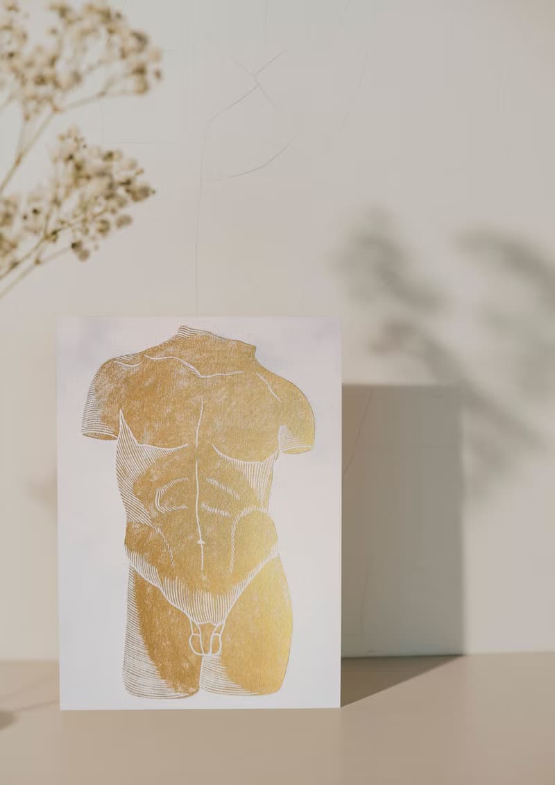 Gold male nude art Linocut print Bust original artwork Housewarming gift