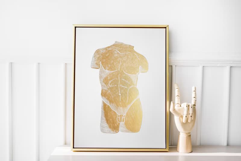 Gold male nude art Linocut print Bust original artwork Housewarming gift