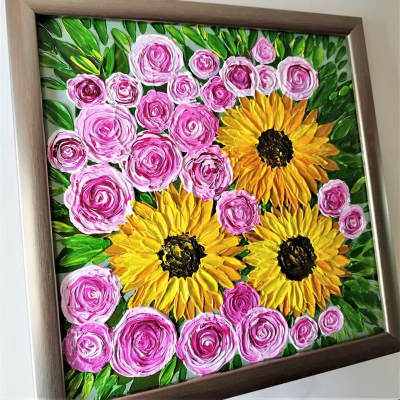 Handmade Acrylic Textured Painting Bouquet of Sunflowers and Roses Flower Art