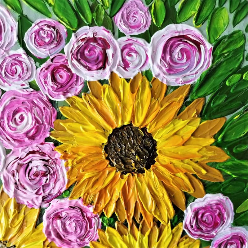 Handmade Acrylic Textured Painting Bouquet of Sunflowers and Roses Flower Art