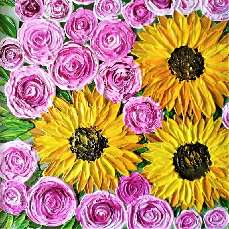 Handmade Acrylic Textured Painting Bouquet of Sunflowers and Roses Flower Art