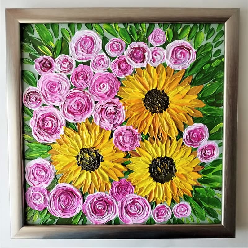 Handmade Acrylic Textured Painting Bouquet of Sunflowers and Roses Flower Art