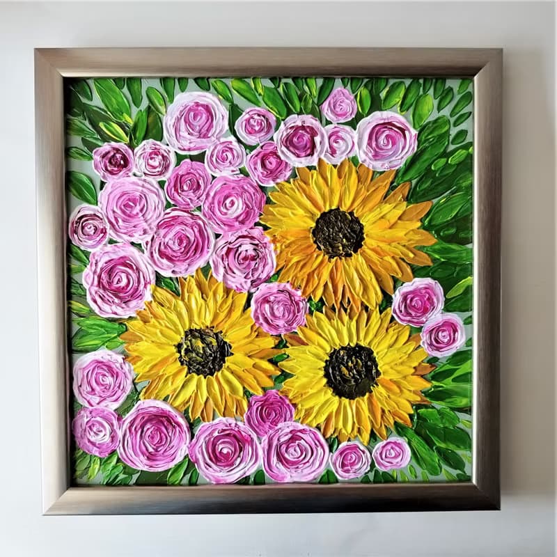Handmade Acrylic Textured Painting Bouquet of Sunflowers and Roses Flower Art