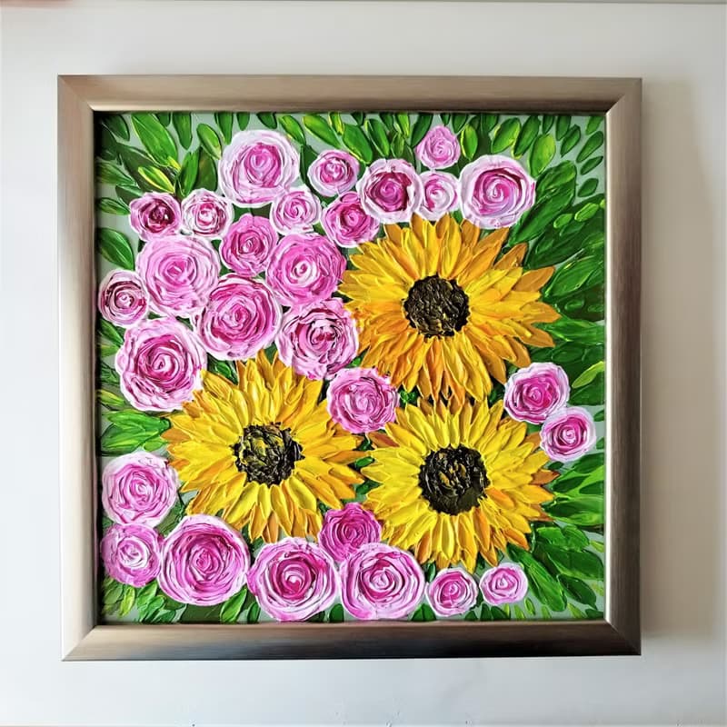 Handmade Acrylic Textured Painting Bouquet of Sunflowers and Roses Flower Art