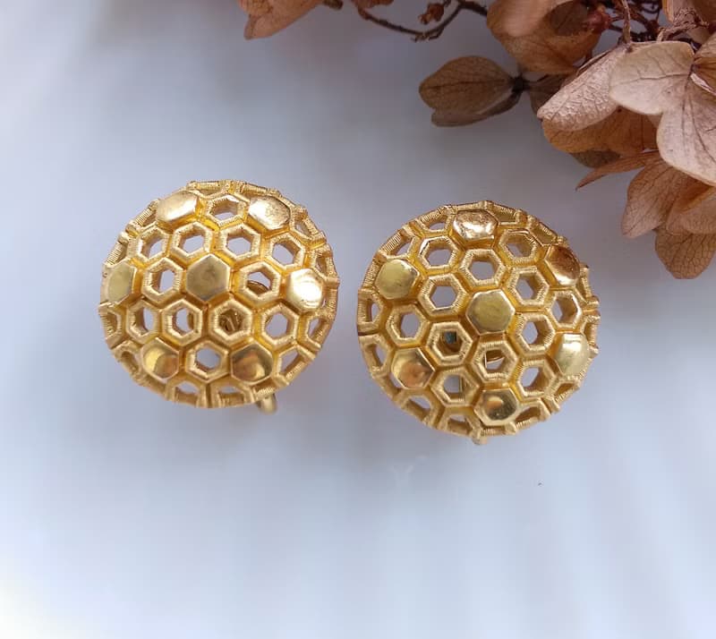 Vintage Jewelry 西洋古董飾品 TRIFARI  藝術幾何 蜂巢 夾式耳環