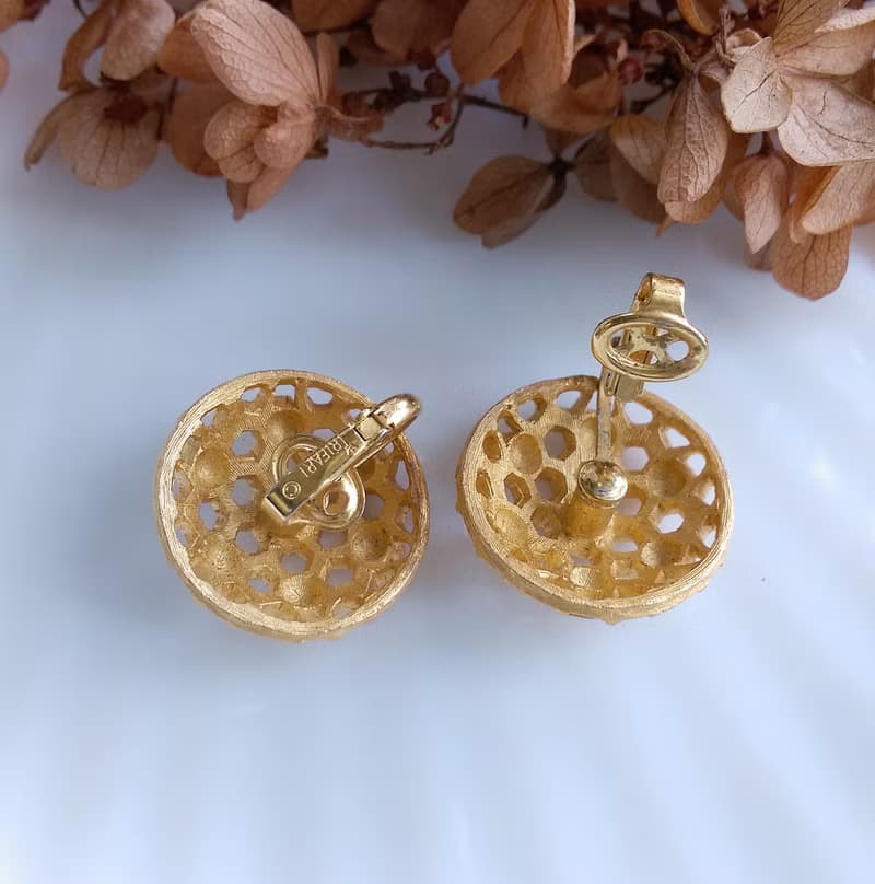 Vintage Jewelry 西洋古董飾品 TRIFARI  藝術幾何 蜂巢 夾式耳環