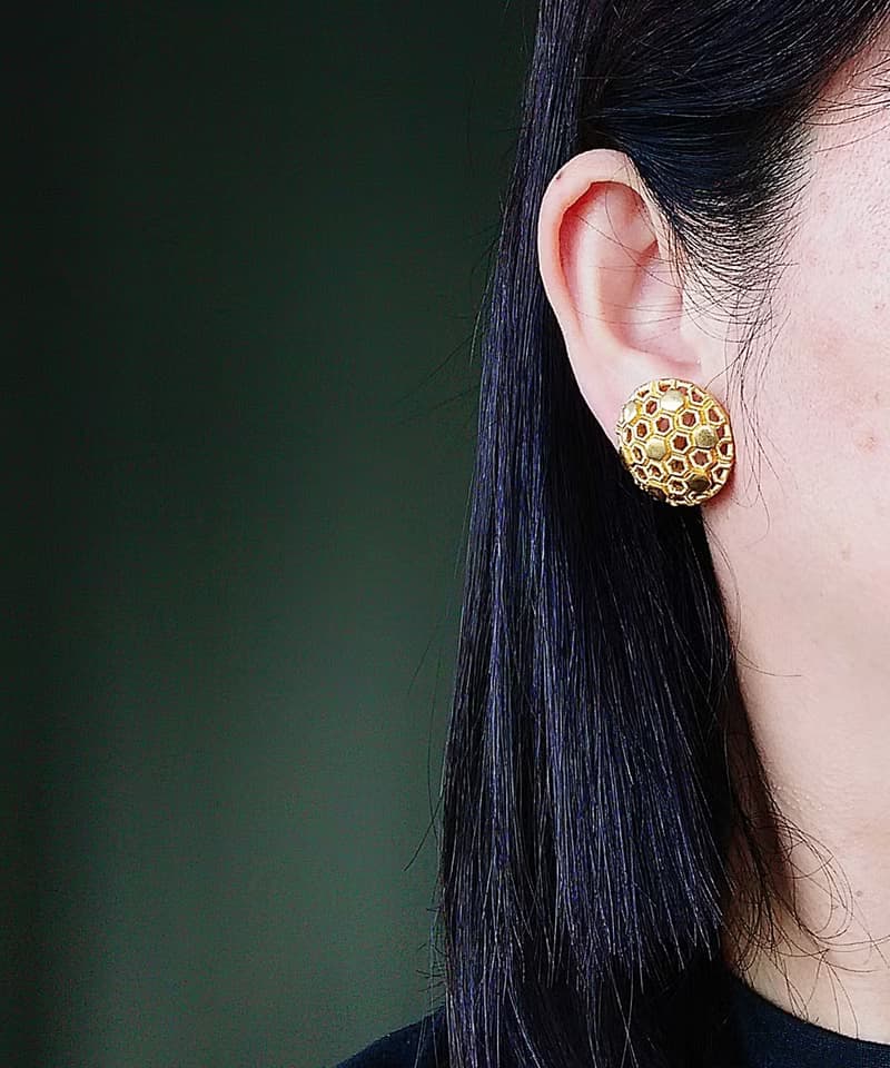 Vintage Jewelry 西洋古董飾品 TRIFARI  藝術幾何 蜂巢 夾式耳環