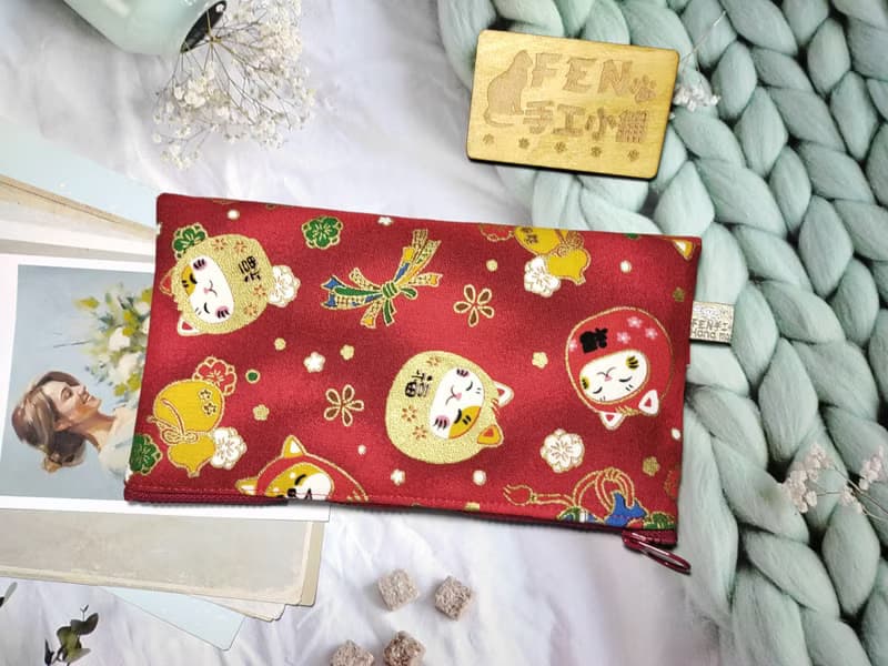 厚棉布款福神柴犬和達摩招財貓拉鍊布紅包袋-下方拉鍊紅包袋-手作