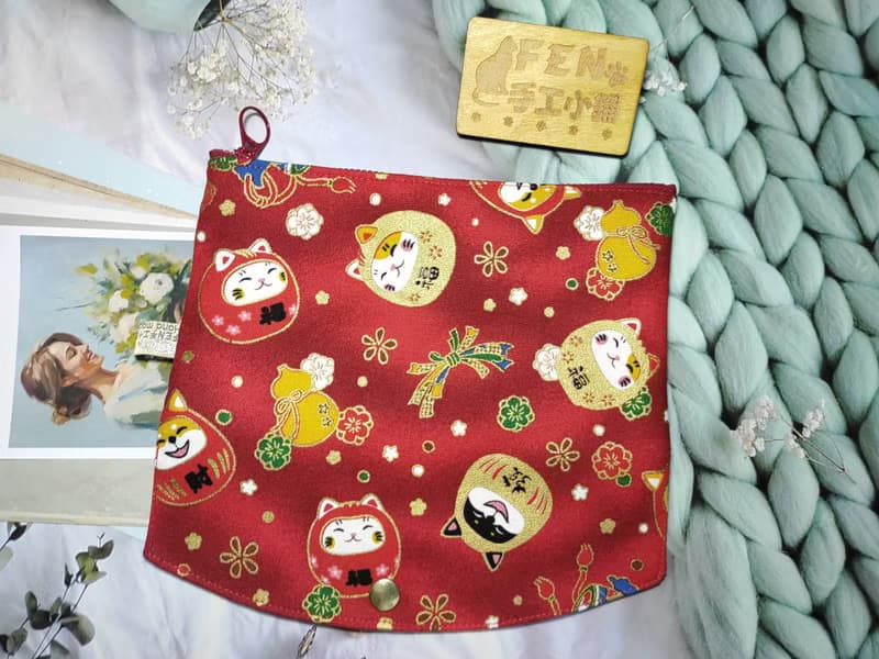 厚棉布款福神柴犬和達摩招財貓拉鍊布紅包袋-下方拉鍊紅包袋-手作