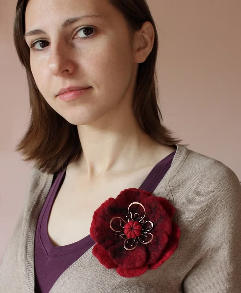 Red Wool Flower Shawl Pin, Unique Sweater Felt Accessory, Scarf Brooch Gift Idea