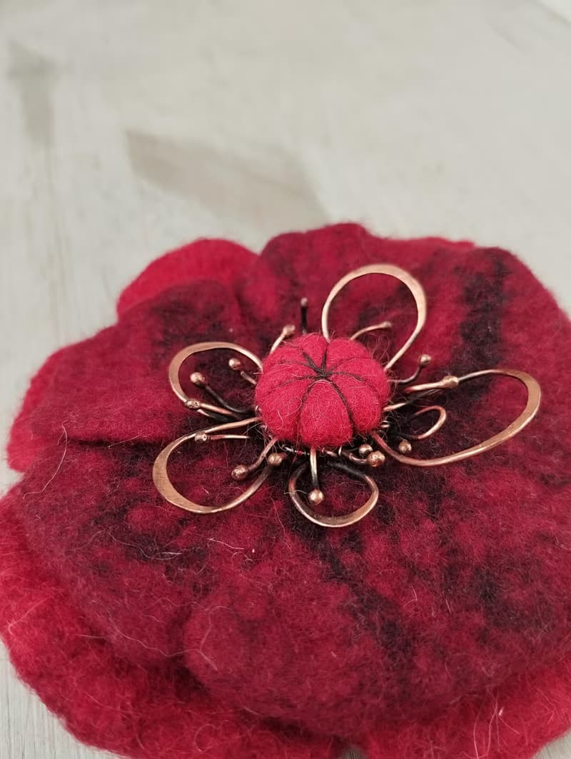 Red Wool Flower Shawl Pin, Unique Sweater Felt Accessory, Scarf Brooch Gift Idea