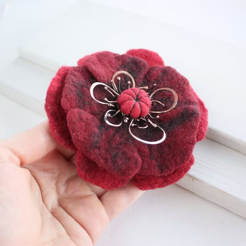 Red Wool Flower Shawl Pin, Unique Sweater Felt Accessory, Scarf Brooch Gift Idea