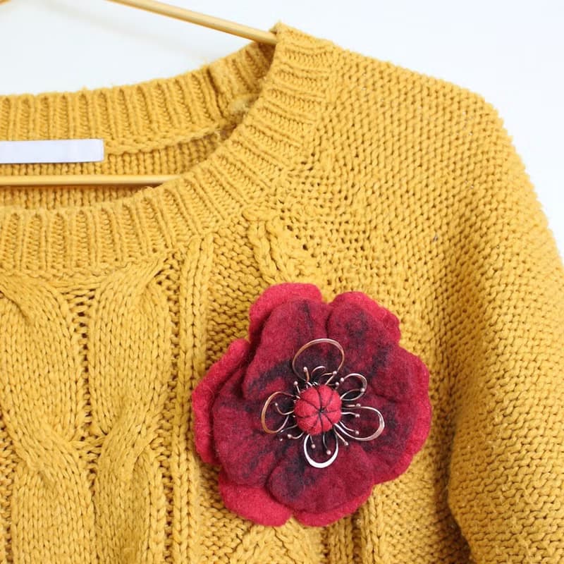 Red Wool Flower Shawl Pin, Unique Sweater Felt Accessory, Scarf Brooch Gift Idea