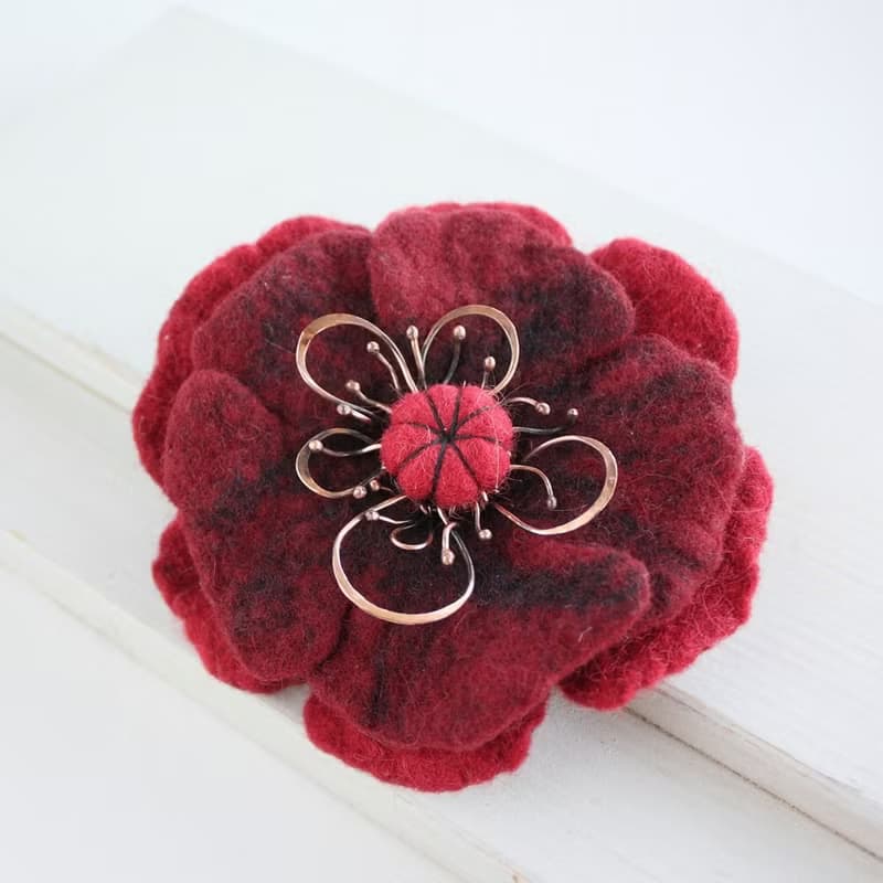 Red Wool Flower Shawl Pin, Unique Sweater Felt Accessory, Scarf Brooch Gift Idea