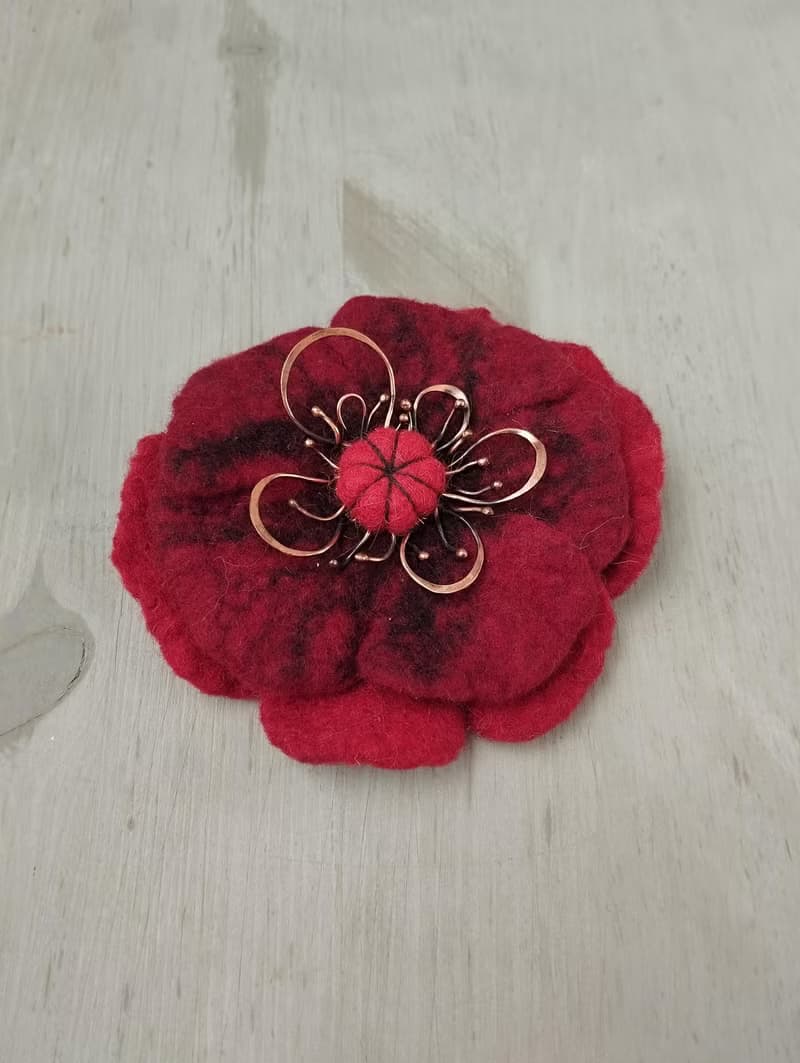 Red Wool Flower Shawl Pin, Unique Sweater Felt Accessory, Scarf Brooch Gift Idea
