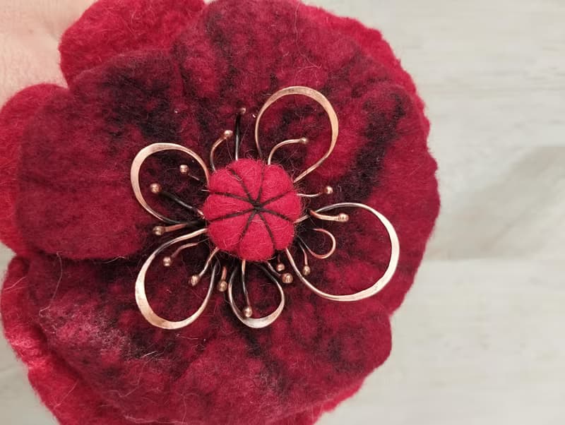 Red Wool Flower Shawl Pin, Unique Sweater Felt Accessory, Scarf Brooch Gift Idea