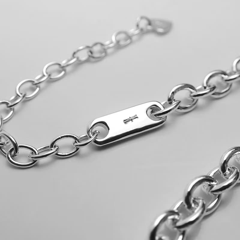 極簡小銀牌橢圓圈925純銀手鍊.可調整愛心吊牌延長鍊.寬4mm