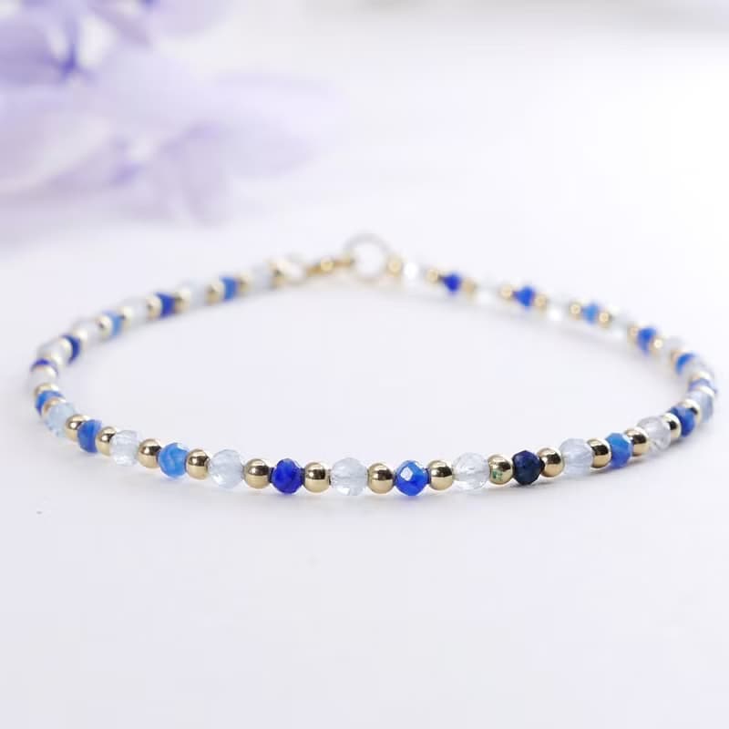 藍晶石 海藍寶 美國14KGF 極細天然石手鍊 I增進溝