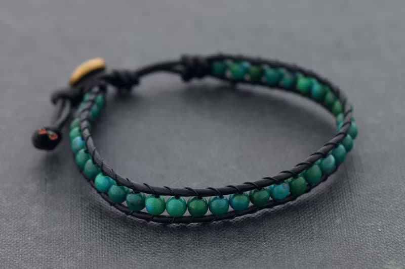 矽孔雀石黑色皮革石頭串珠手鐲手鍊時髦