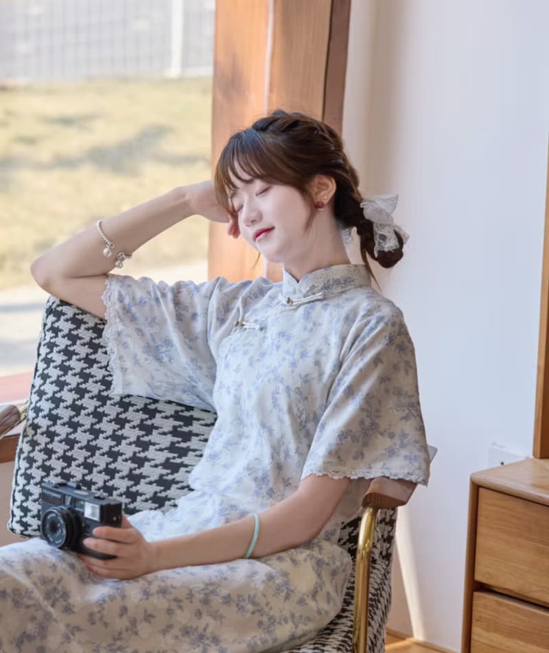 清新藍色 碎花蕾絲邊古法少女旗袍 新中式中秋春節改良連身裙洋裝