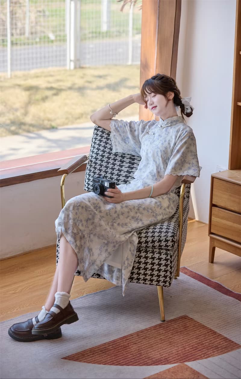 清新藍色 碎花蕾絲邊古法少女旗袍 新中式中秋春節改良連身裙洋裝