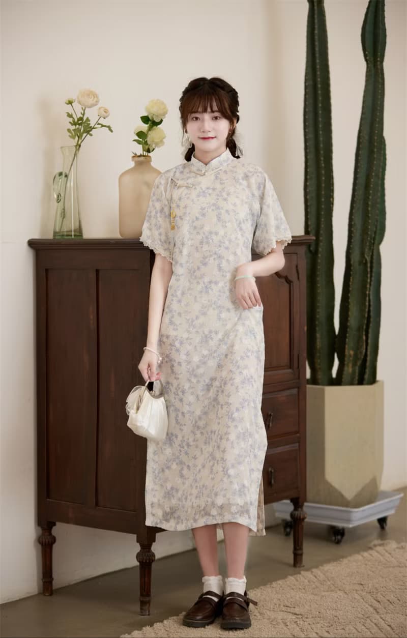 清新藍色 碎花蕾絲邊古法少女旗袍 新中式中秋春節改良連身裙洋裝
