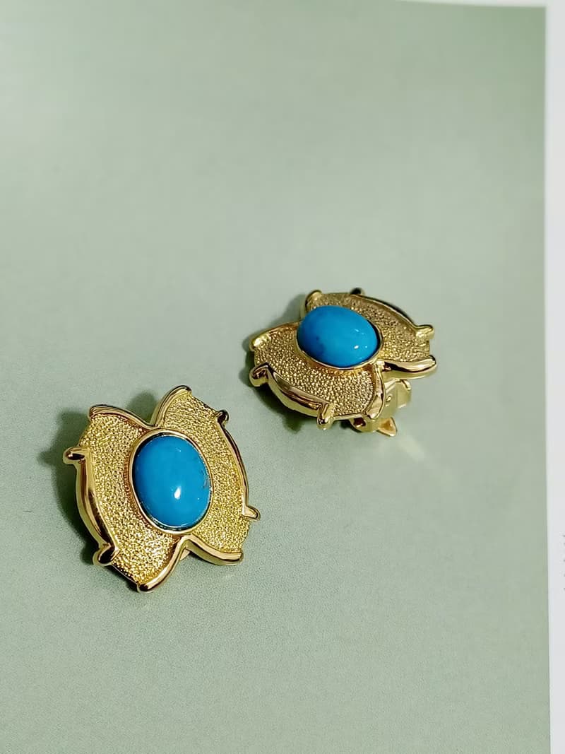 vintage jewelry  典雅仿青石金色砂紋 夾式耳環