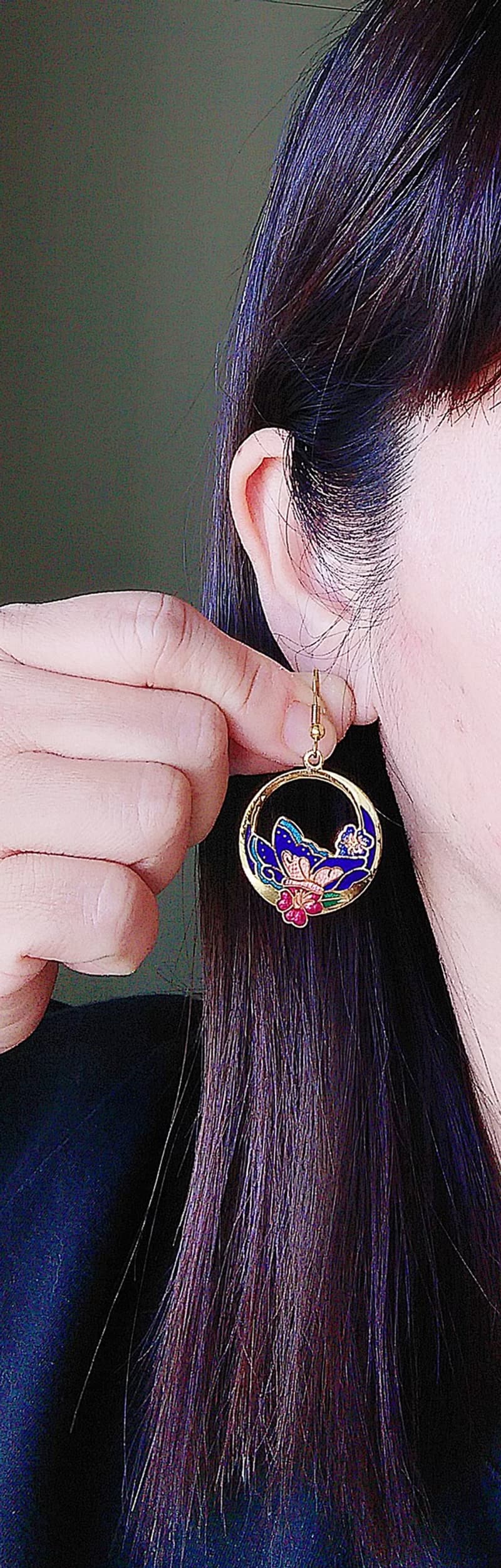 【西洋古董飾品 】景泰藍 蝶花戀 耳勾針 針式耳環