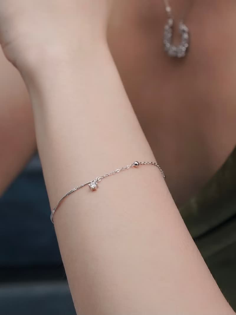 全純銀輕奢拼接單鑽圓珠手鍊