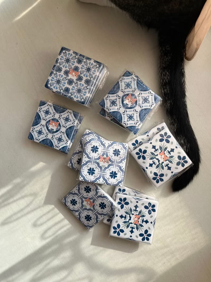 貓咪 花磚磁鐵 | 復古花磚磁鐵 冰箱貼 立體陶瓷花紋