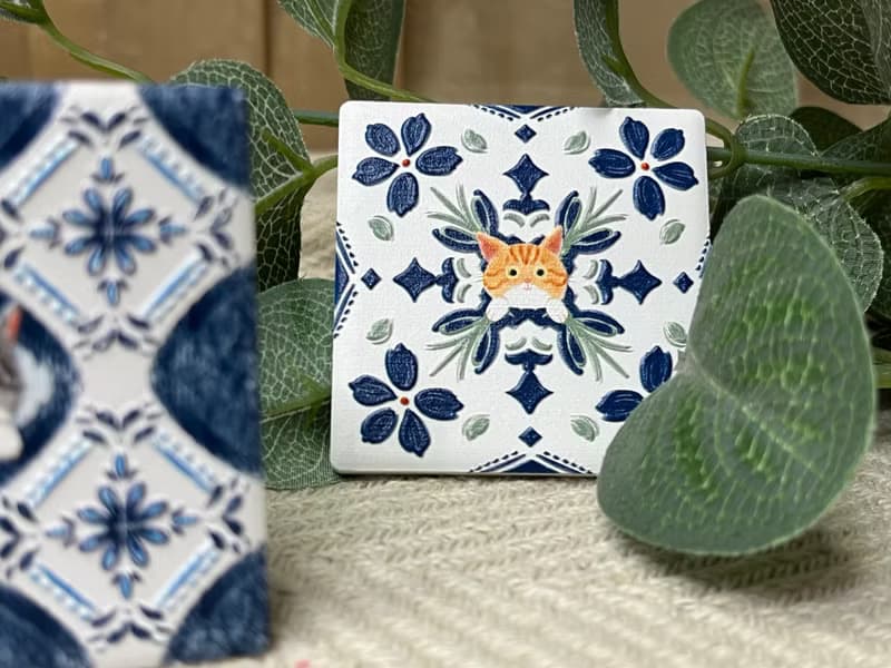 貓咪 花磚磁鐵 | 復古花磚磁鐵 冰箱貼 立體陶瓷花紋