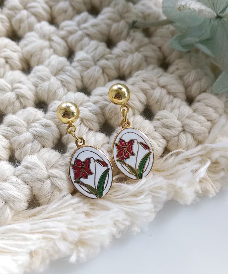 Vintage Jewelry 西洋古董飾品 景泰藍 清新 白底 花卉 針式耳環