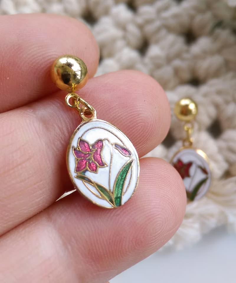 Vintage Jewelry 西洋古董飾品 景泰藍 清新 白底 花卉 針式耳環