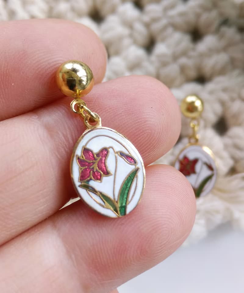 Vintage Jewelry 西洋古董飾品 景泰藍 清新 白底 花卉 針式耳環