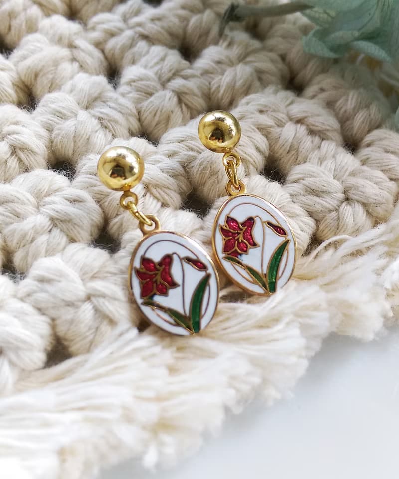Vintage Jewelry 西洋古董飾品 景泰藍 清新 白底 花卉 針式耳環