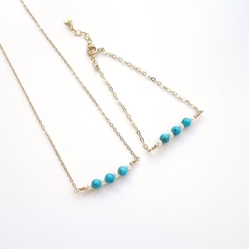 天空藍亞利桑那土耳其石 迷你淡水珍珠 14Kgf 包金 可調整手鍊