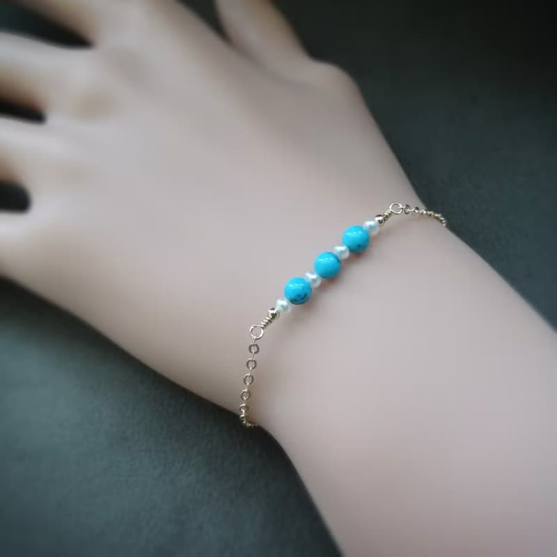 天空藍亞利桑那土耳其石 迷你淡水珍珠 14Kgf 包金 可調整手鍊