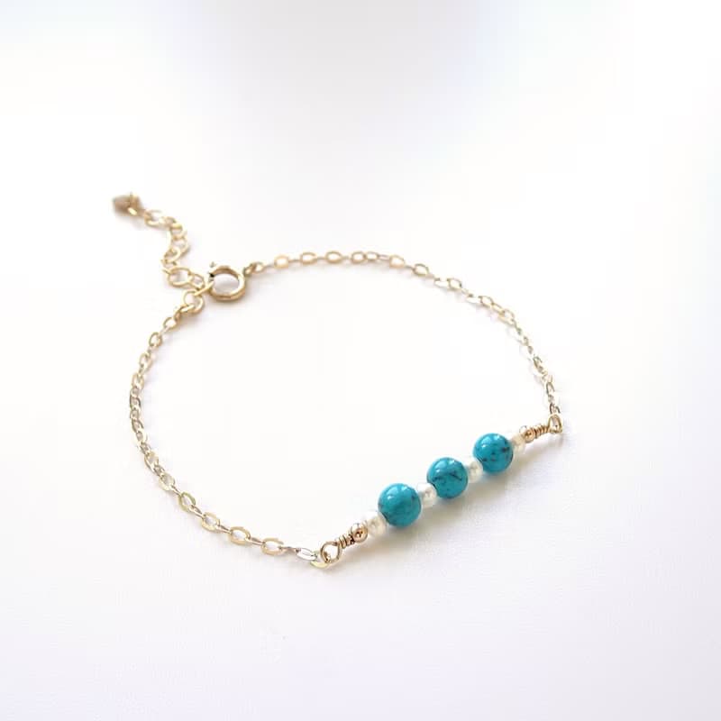 天空藍亞利桑那土耳其石 迷你淡水珍珠 14Kgf 包金 可調整手鍊