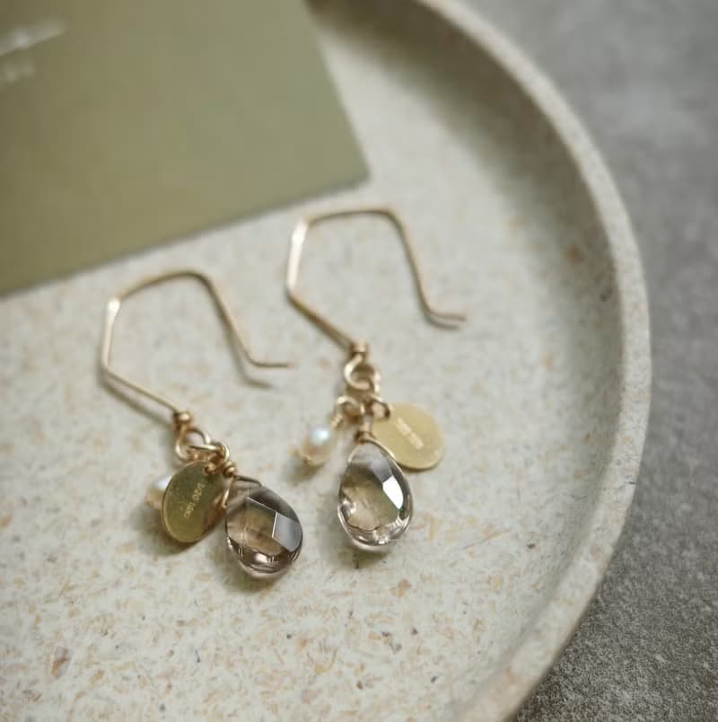 墨雨 茶水晶耳環 14K Gold-Filled