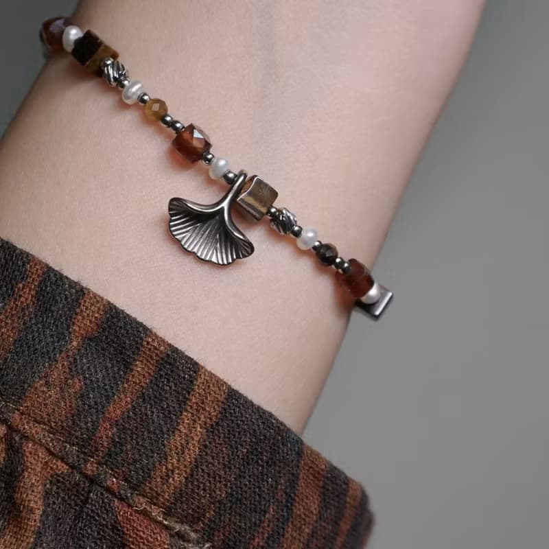 ll 秋語銀杏葉天然石手鍊 ll 虎眼石 橙石榴石 淡水珍珠 手鍊