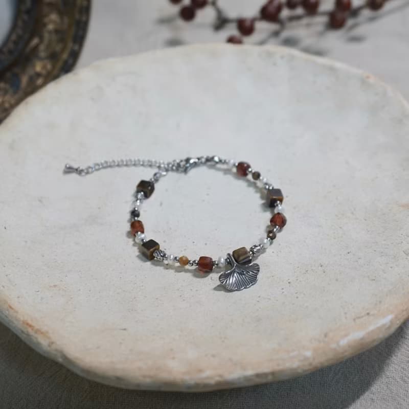 ll 秋語銀杏葉天然石手鍊 ll 虎眼石 橙石榴石 淡水珍珠 手鍊